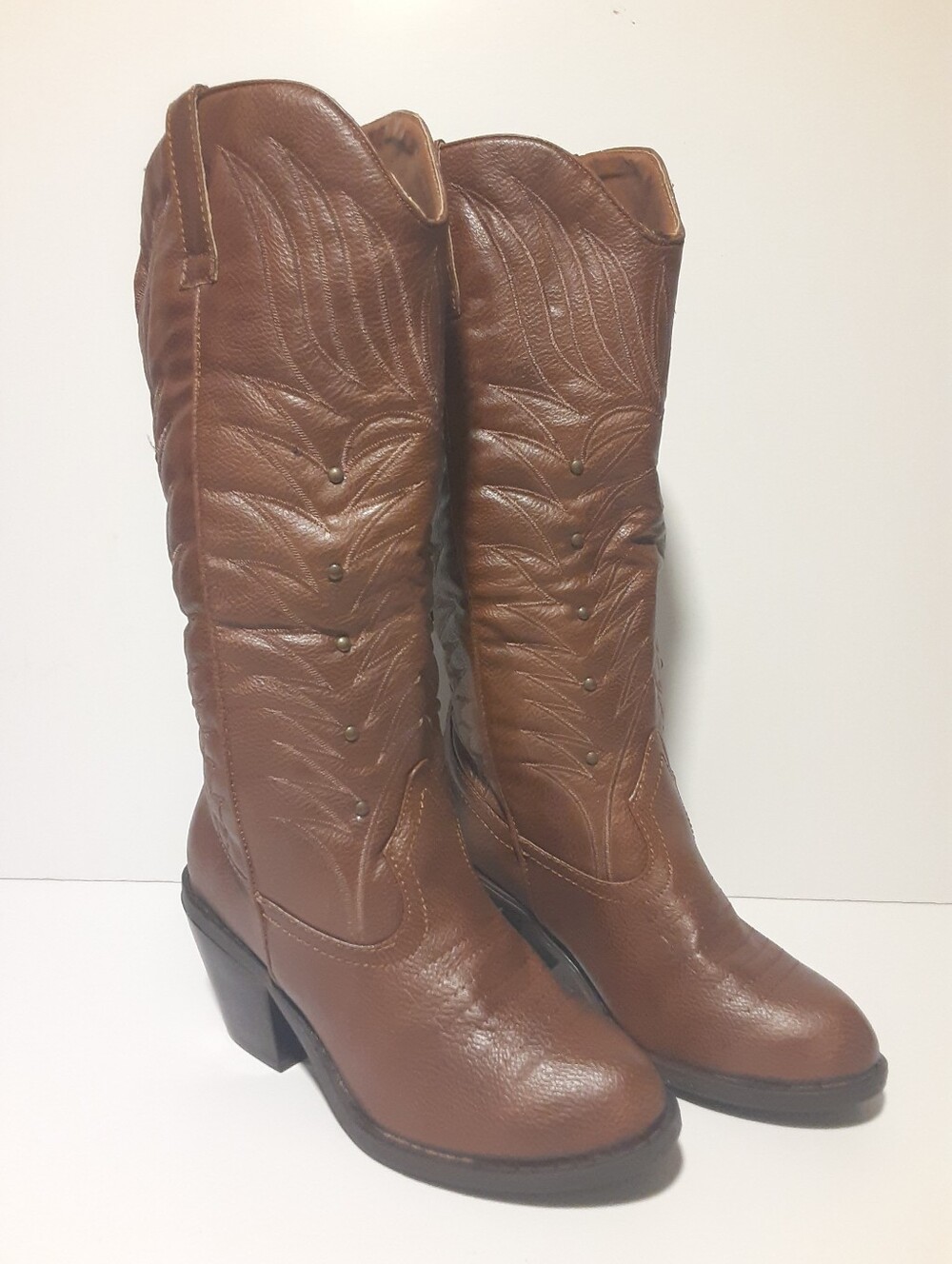Cowgirl Cowboy Western Boots Stitched w/ Studs Faux Leather Women 5 NEW